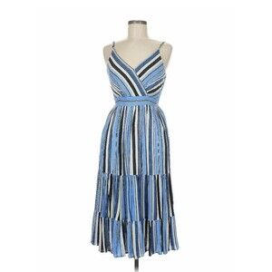 Joy Joy Blue Striped Tiered Sun Dress Boho Cottage Midi Dress Lined Medium